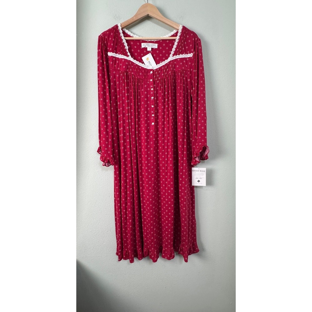 Eileen West Red Floral MicroModal Lace Trim Long Sleeve Nightgown Large NEW Cozy
